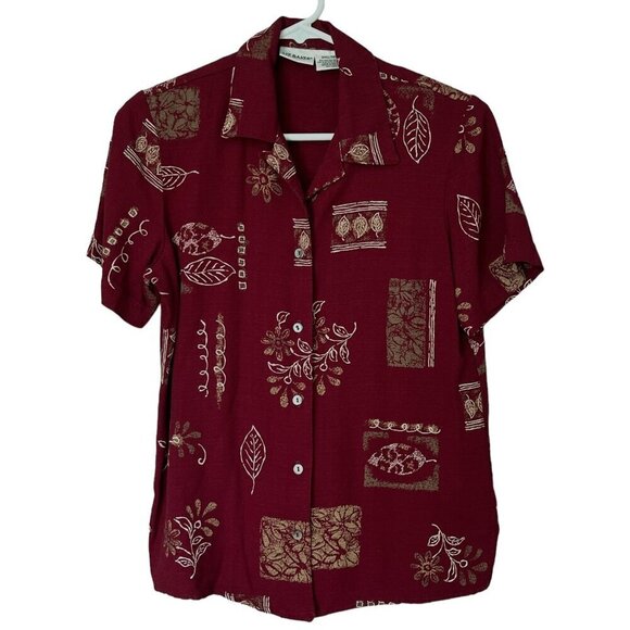 Liz Baker Womens Short Sleeve Button Up Top Sz S Maroon Botanical Island Resort - Picture 1 of 8
